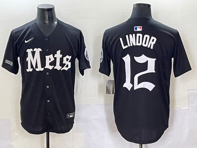 Men 2025 New York Mets #12 Lindor Black Five generations Joint Name Nike MLB Jersey style 13->new york mets->MLB Jersey
